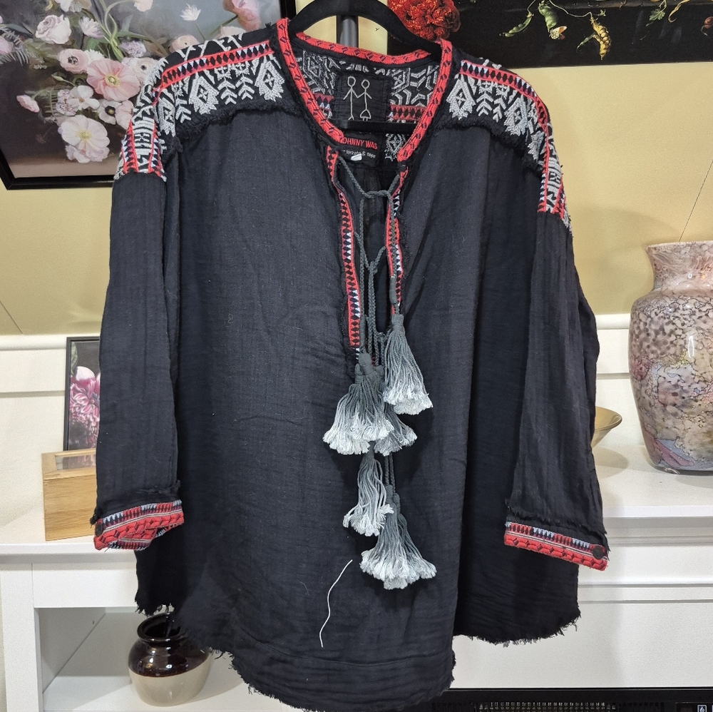 Johnny Was Black Blouse with Red and Gray Accents
